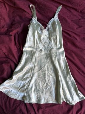 Satin Lace-Trim Chemise Slip in Pale Sage
